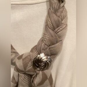 Elegant Beige Patterned Braided Scarf w\ Silver Brooch